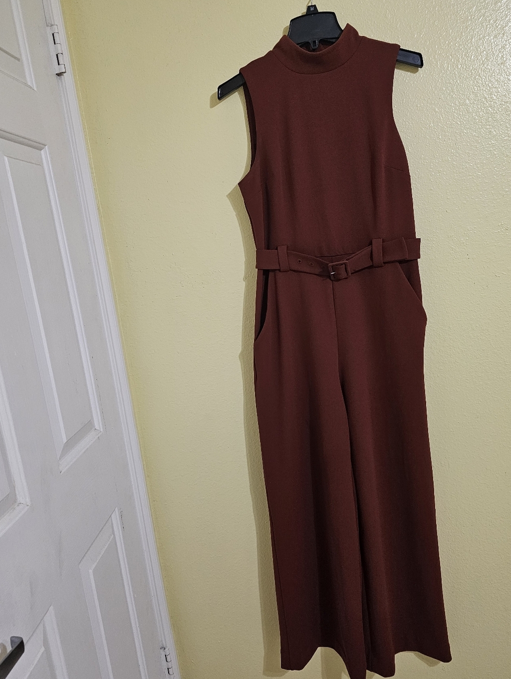 Express Sleeveless Mock-Neck Belted Jumpsuit - Burgundy